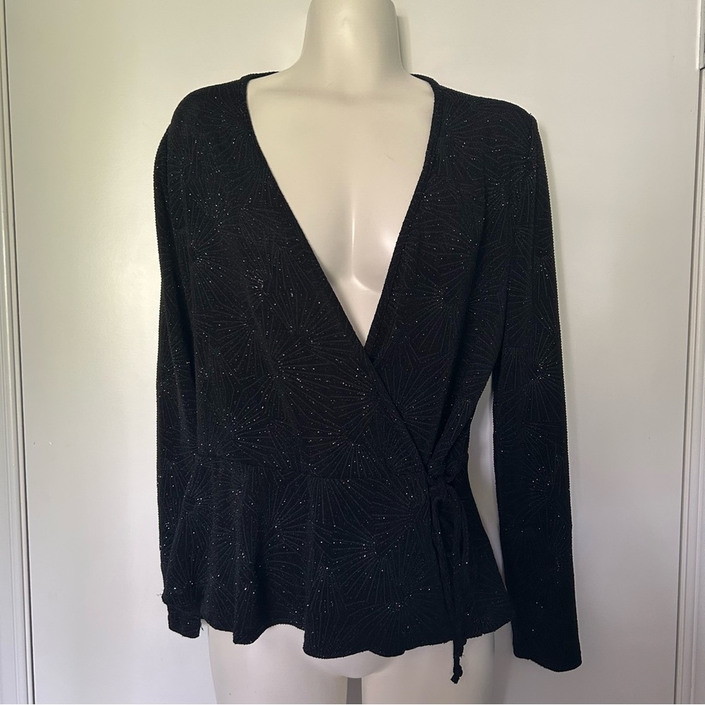 Marina Luna Black Sparkle Long Sleeve Peplum Bottom Wrap Top